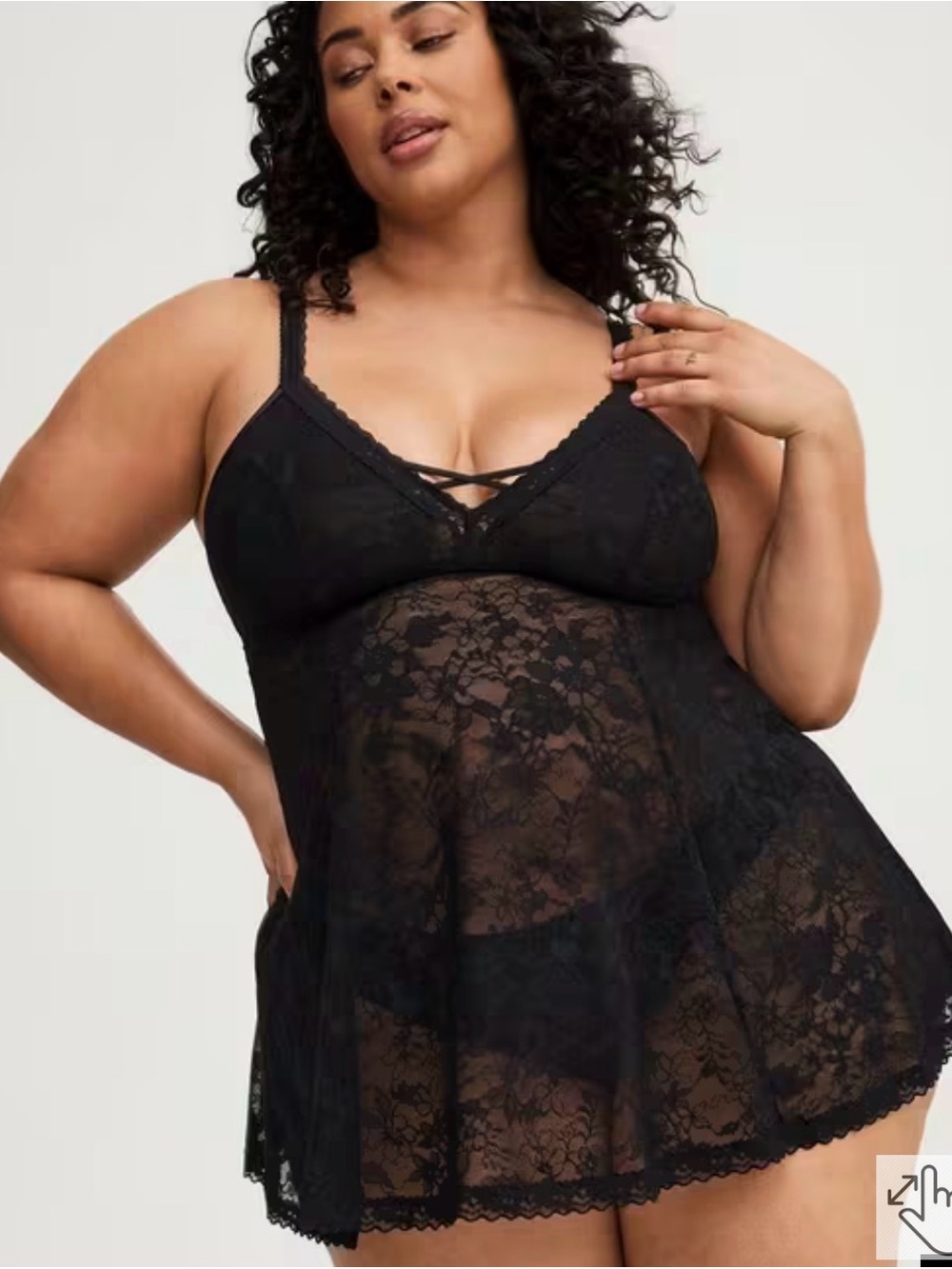 Torrid Aria Fit and Flare Black Lace Babydoll with Crisscross Neckline